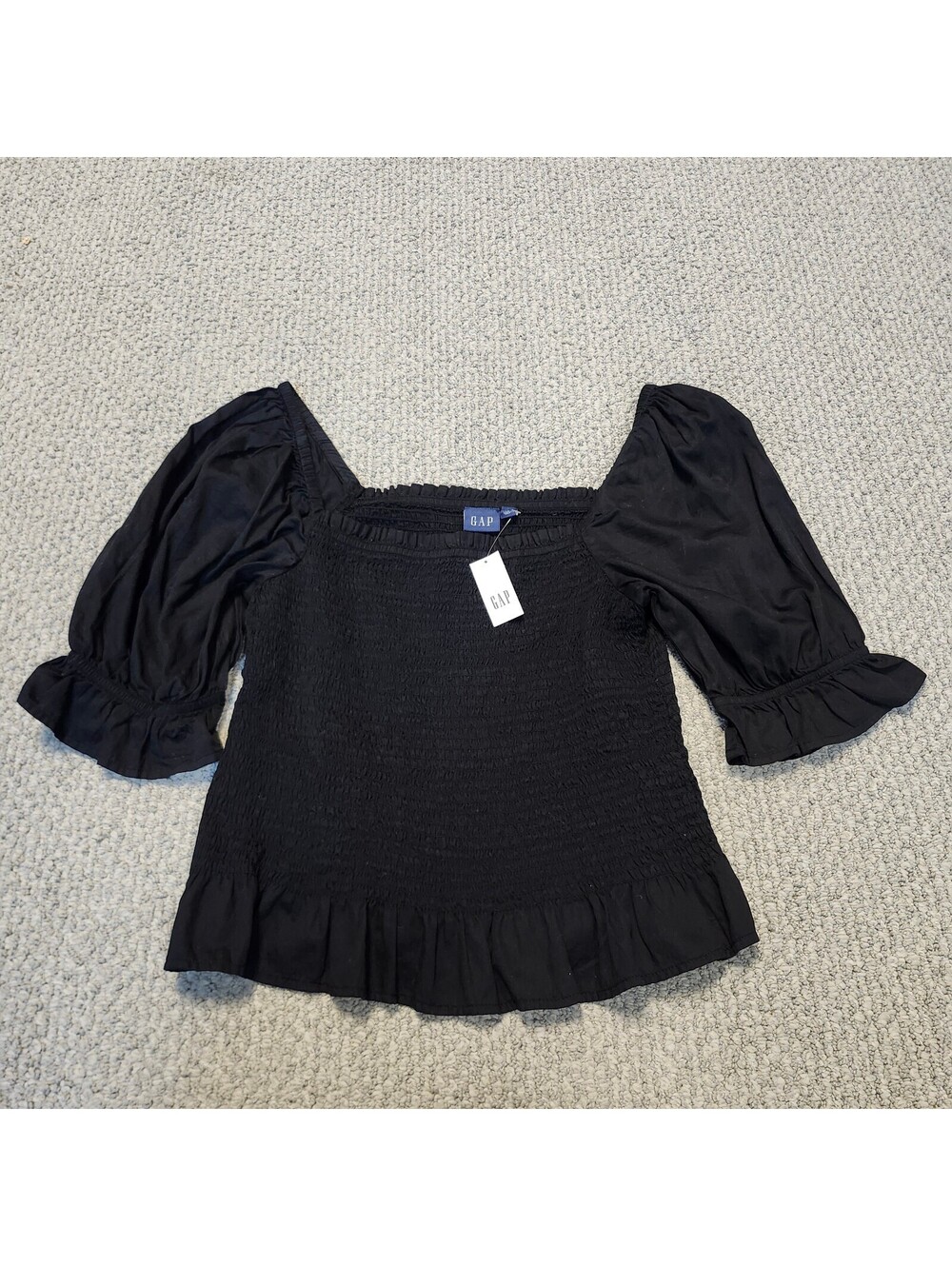 GAP Black Smocked Puff Sleeve Top, Size Large Tall NWT